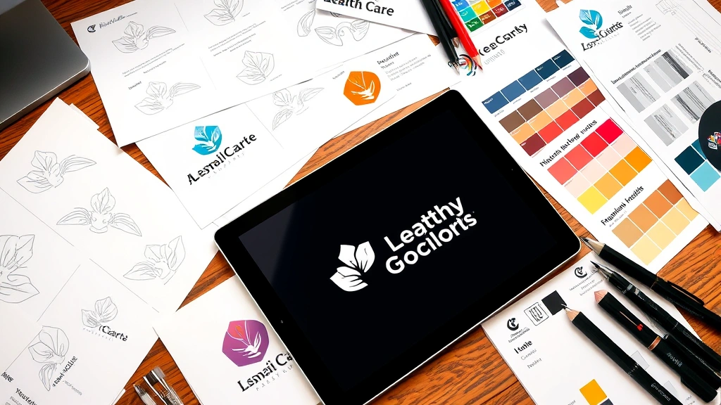 Close-up of health care logo design process showing multiple concept sketches, color swatches, and typography samples spread on designer's desk with tablet and sketching tools