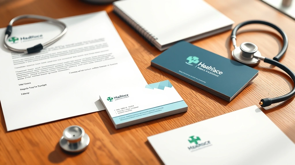 Healthcare professional's business cards and letterhead featuring consistent logo branding, arranged artfully on wooden desk with stethoscope and medical instruments nearby, warm natural lighting