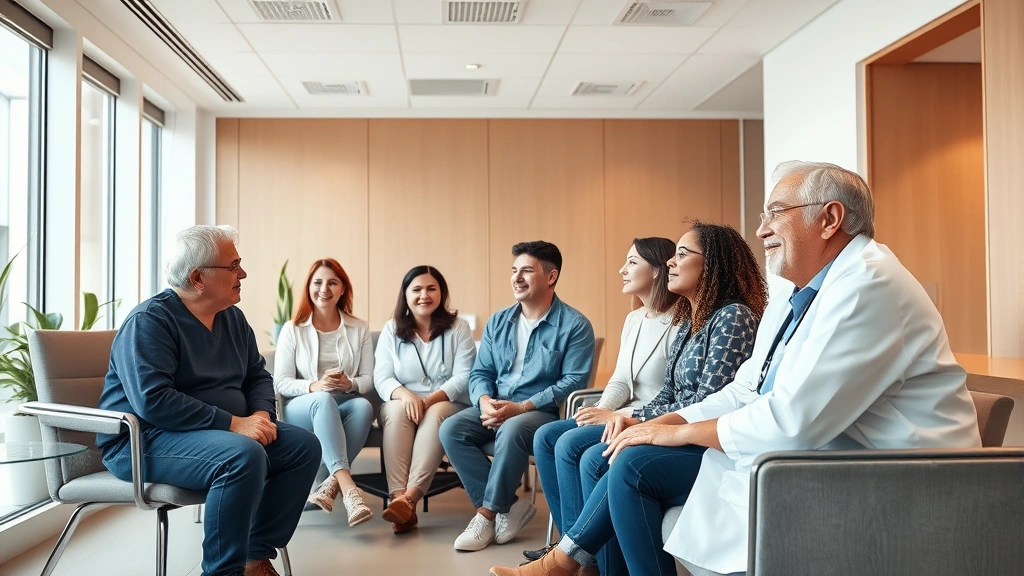 Diverse group of patients in modern clinic waiting room, warm lighting, people of different ages and backgrounds consulting with healthcare professionals, clean minimalist medical environment, genuine human connection and care visible