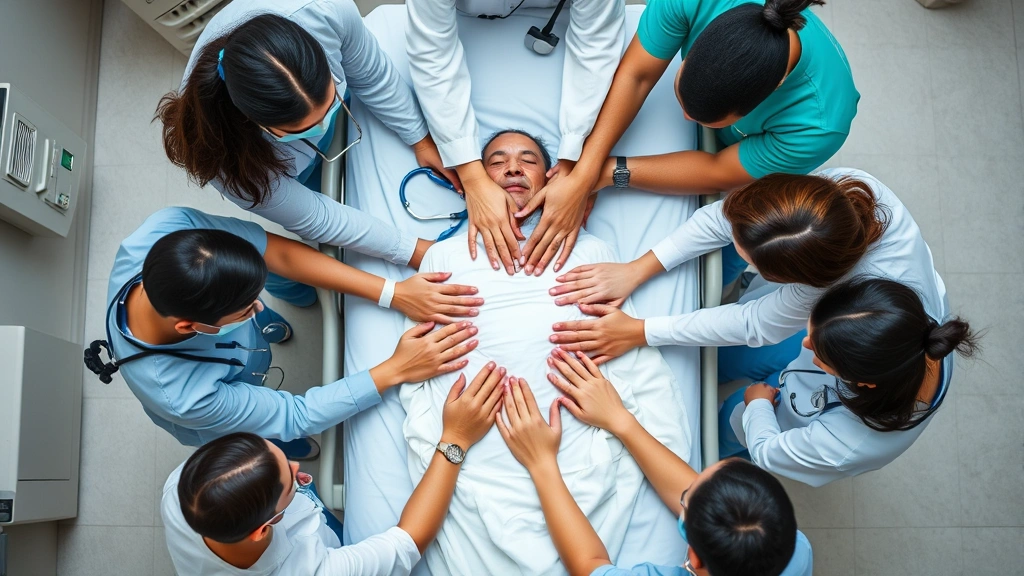 Overhead view of healthcare professionals collaborating around patient bed in hospital, hands coming together in unity, diverse medical team showing teamwork and dedication, compassionate care moment, professional medical setting