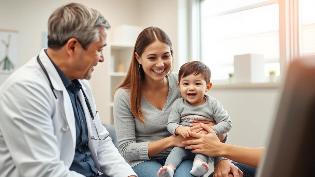 Young family at preventive care appointment with friendly doctor, mother holding child, father present, doctor showing warmth and approachability, bright clinic interior with health education materials, moment of trust and wellness focus