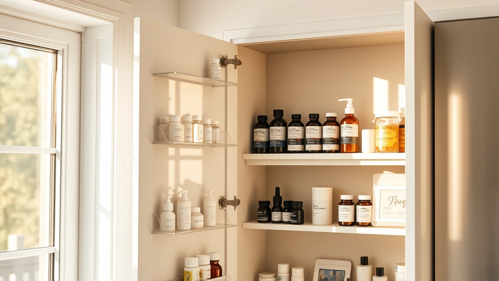 Warm, organized home medicine cabinet with labeled bottles, natural lighting streaming through window, organized shelves with wellness items, lifestyle photography aesthetic, modern minimalist design