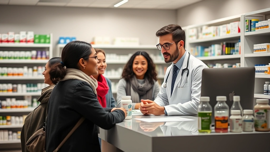 Diverse patient consulting with attentive pharmacist at modern pharmacy counter, warm professional environment, medication bottles visible, genuine conversation moment, healthcare interaction