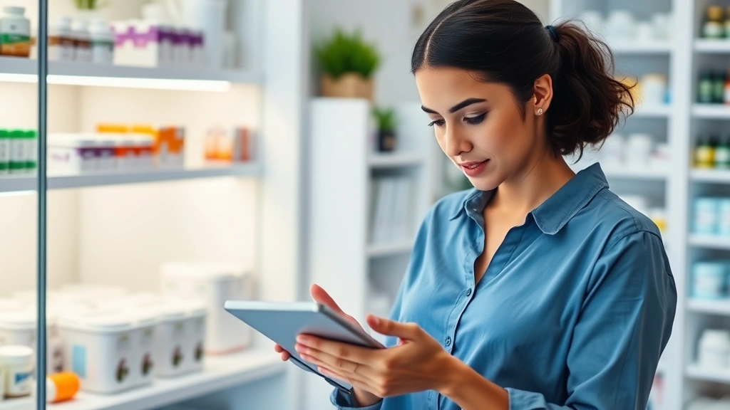 Woman reviewing prescription medication with digital tablet, pharmacy app interface visible on screen, organized medication organizer nearby, modern wellness technology lifestyle setting