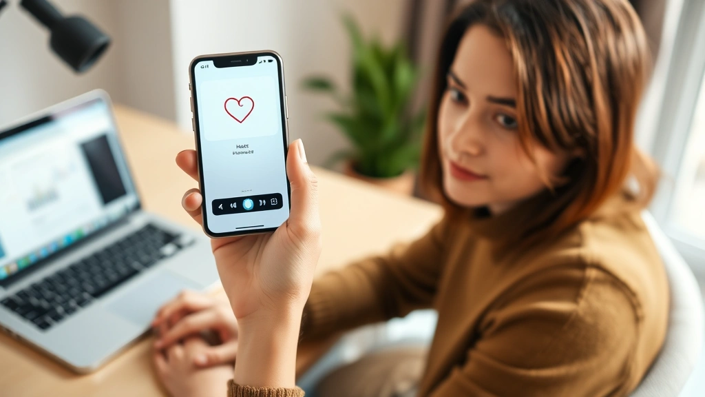 Person holding smartphone with health app open, sitting at home desk with laptop, warm lighting, modern minimalist office setup, focused expression, healthcare security concept