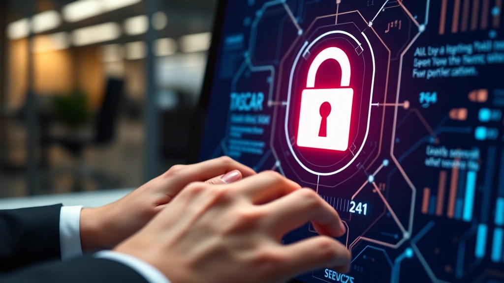 Close-up of hands typing password into computer, security padlock icon glowing on screen, modern office environment, cybersecurity protection visualization, professional atmosphere