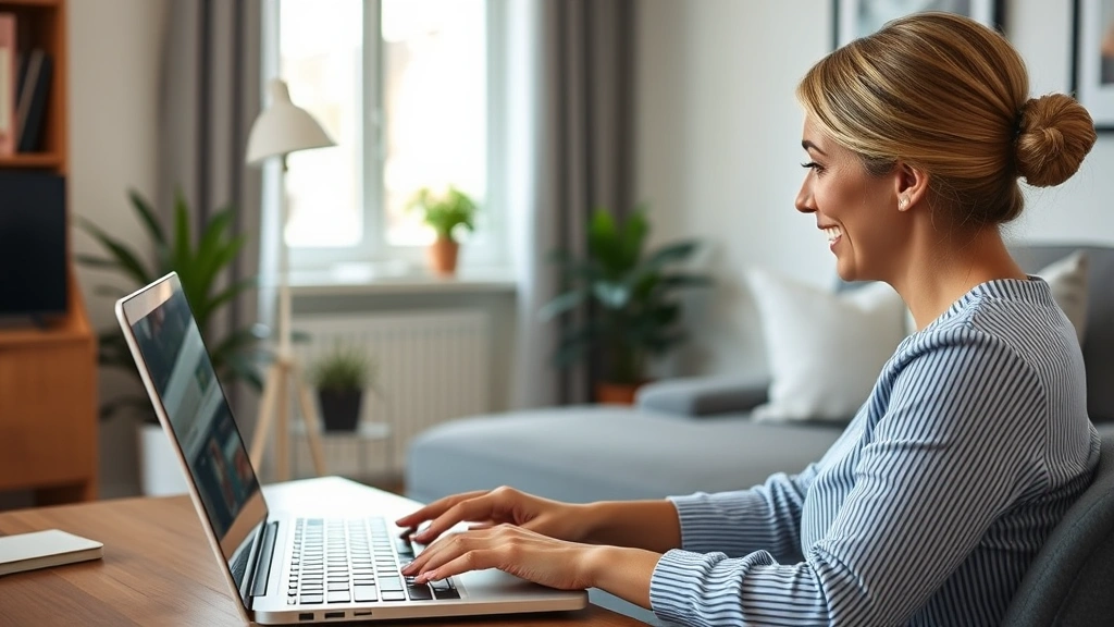 Woman in video consultation on laptop, professional home office background, virtual healthcare appointment, privacy screen visible, focused and comfortable expression, telehealth modern setup