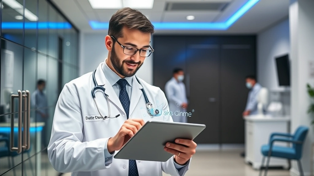 Healthcare professional in modern clinic reviewing digital security protocols on tablet, blue accent lighting, professional medical environment, contemporary office setting