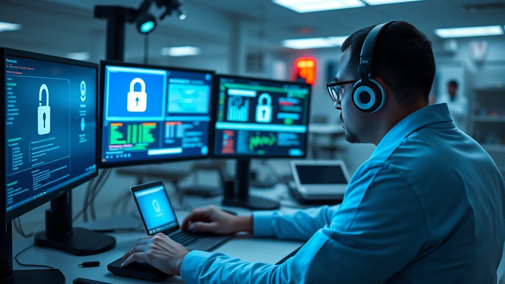 Cybersecurity analyst monitoring healthcare data protection systems with multiple screens displaying encryption and access controls, focused concentration, technology-driven medical facility
