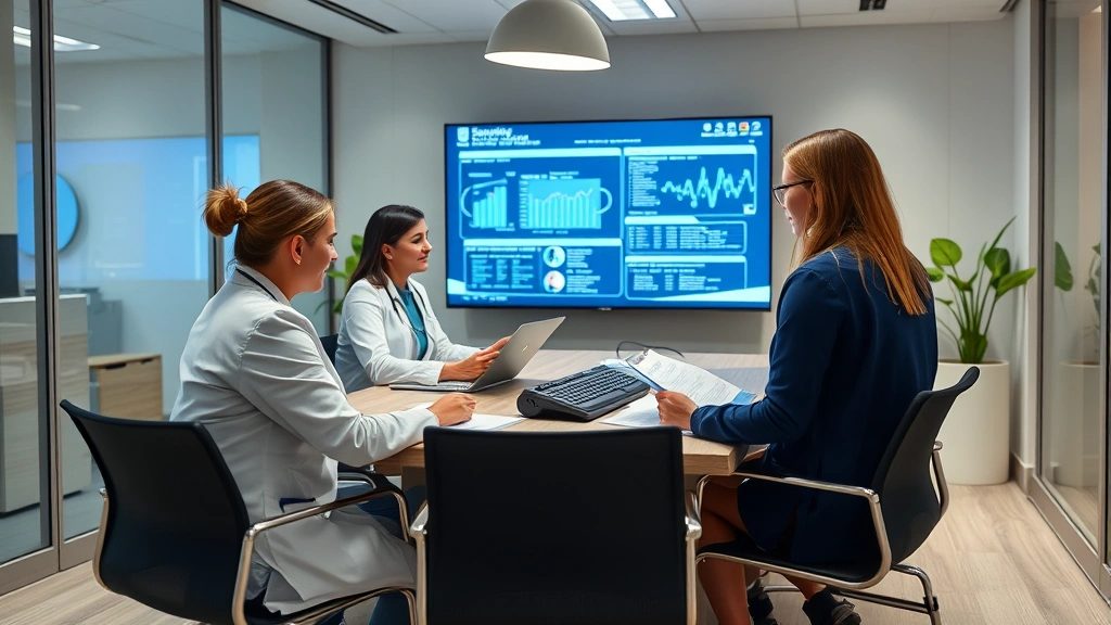 Medical team collaborating on secure patient information management, reviewing compliance documents in contemporary healthcare conference room, professional setting with technology