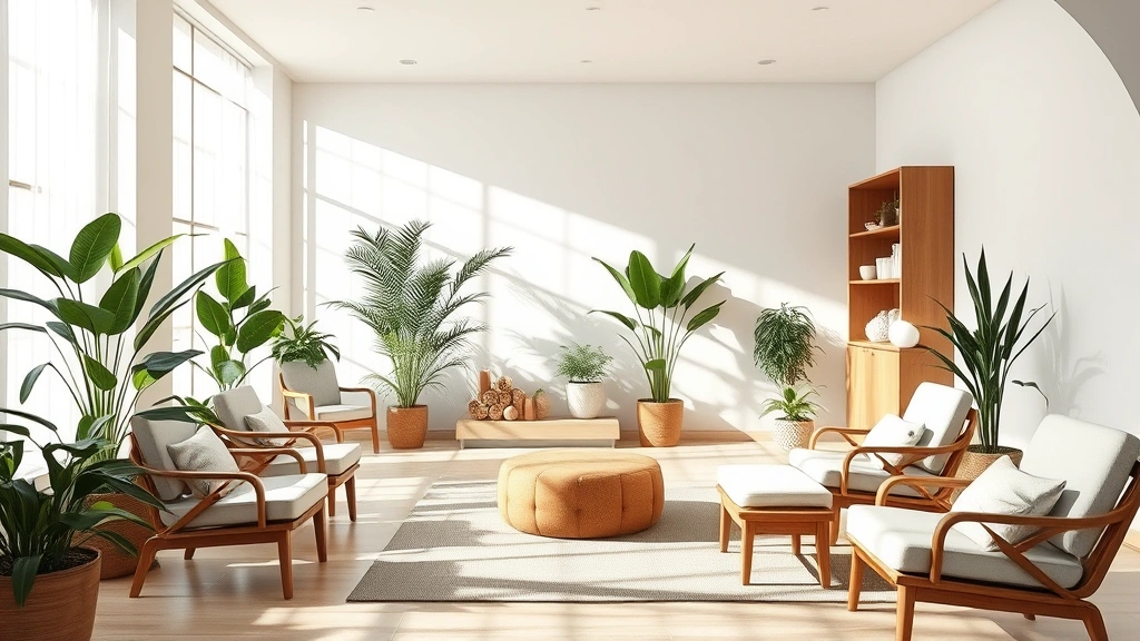 Serene wellness spa interior with natural light, comfortable seating, calm neutral tones, plants, professional healthcare environment, peaceful atmosphere