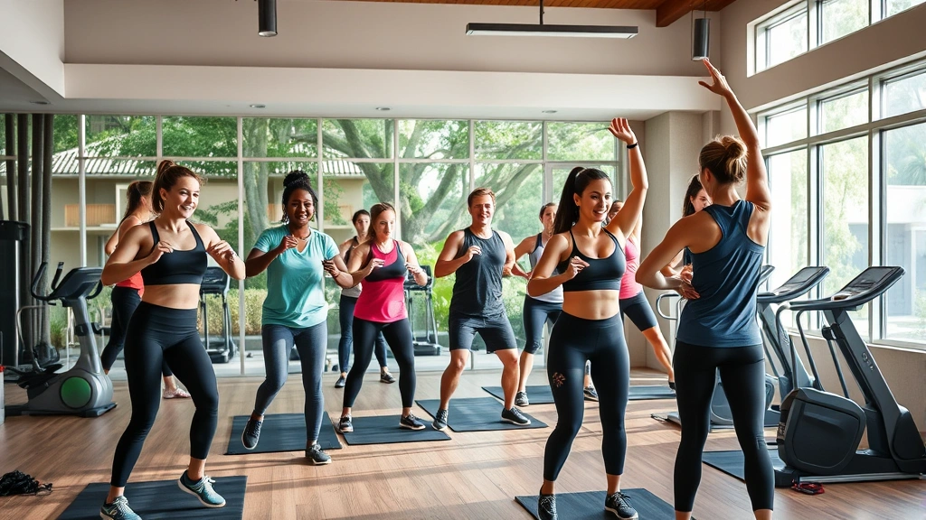 Active fitness class at luxury wellness retreat, diverse group exercising together, modern gym equipment, bright natural lighting, motivational energy