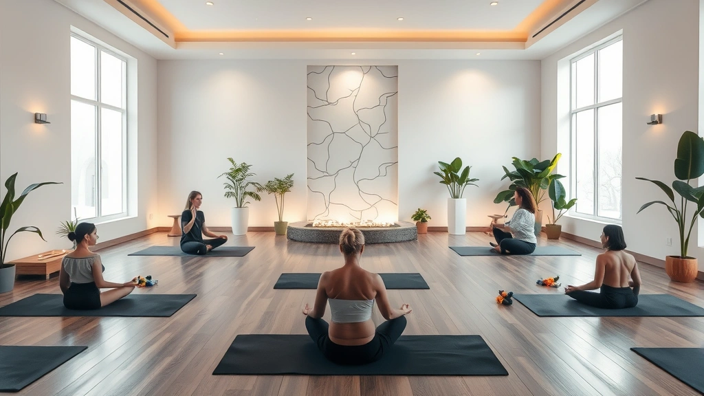 Meditation room with yoga mats, soft lighting, water features, plants, peaceful sanctuary space, wellness professionals guiding session, tranquil environment