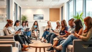 Diverse group of people in modern bright healthcare clinic waiting room, sitting comfortably with tablets and phones, warm lighting, contemporary furniture, welcoming atmosphere, photorealistic