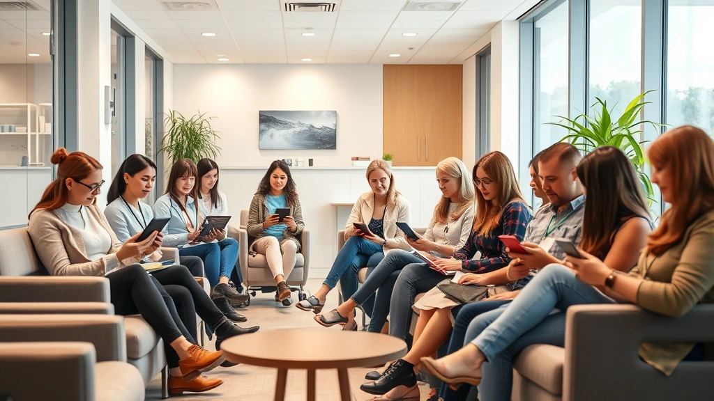 Diverse group of people in modern bright healthcare clinic waiting room, sitting comfortably with tablets and phones, warm lighting, contemporary furniture, welcoming atmosphere, photorealistic