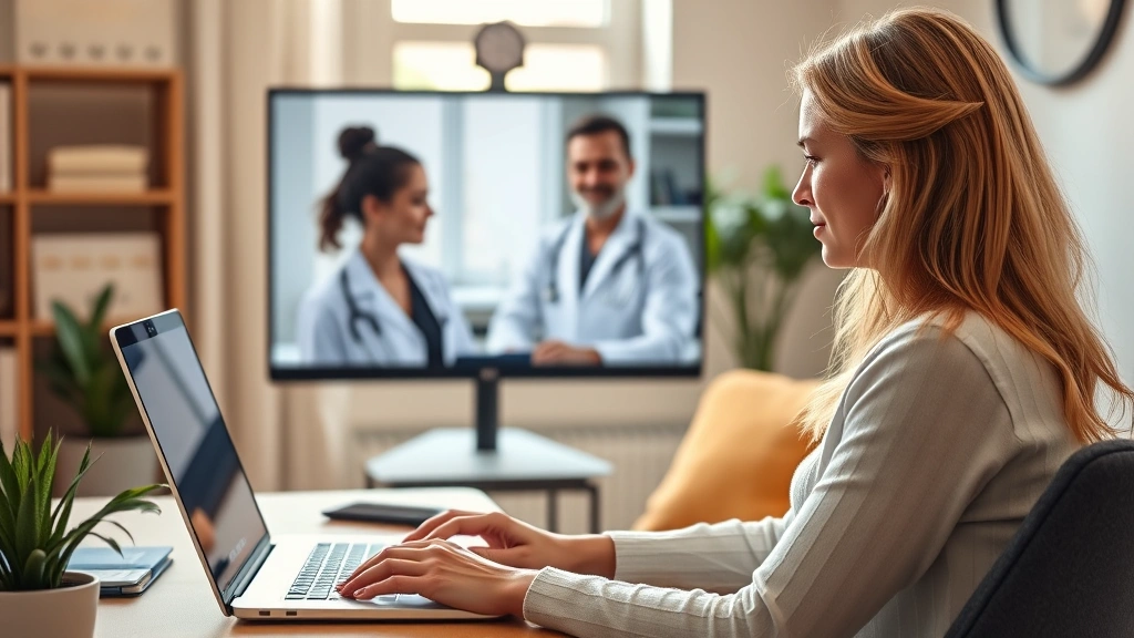 Woman video calling doctor on laptop from home office, warm natural light from window, comfortable home setting, professional healthcare provider on screen, engaged conversation, photorealistic
