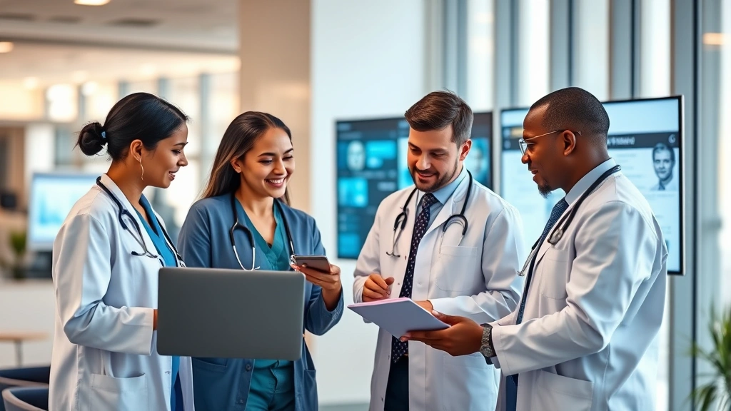 Diverse healthcare team in modern office collaborating, reviewing patient charts on digital screens, supportive environment, natural lighting, professional attire, teamwork focus, photorealistic