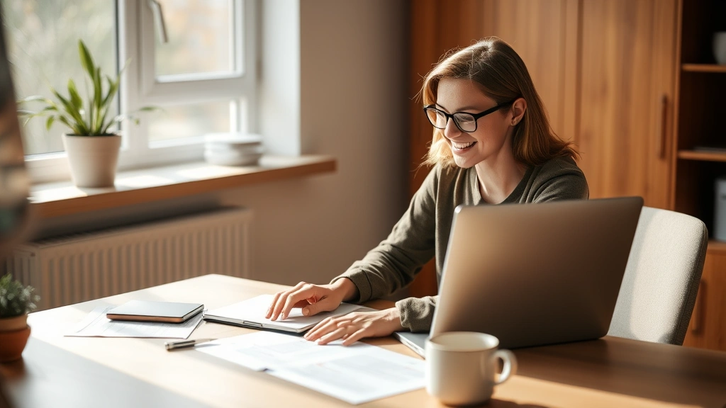 Person sitting at home office desk with laptop, smiling while reviewing health insurance documents, natural lighting from window, warm minimalist workspace, coffee cup nearby