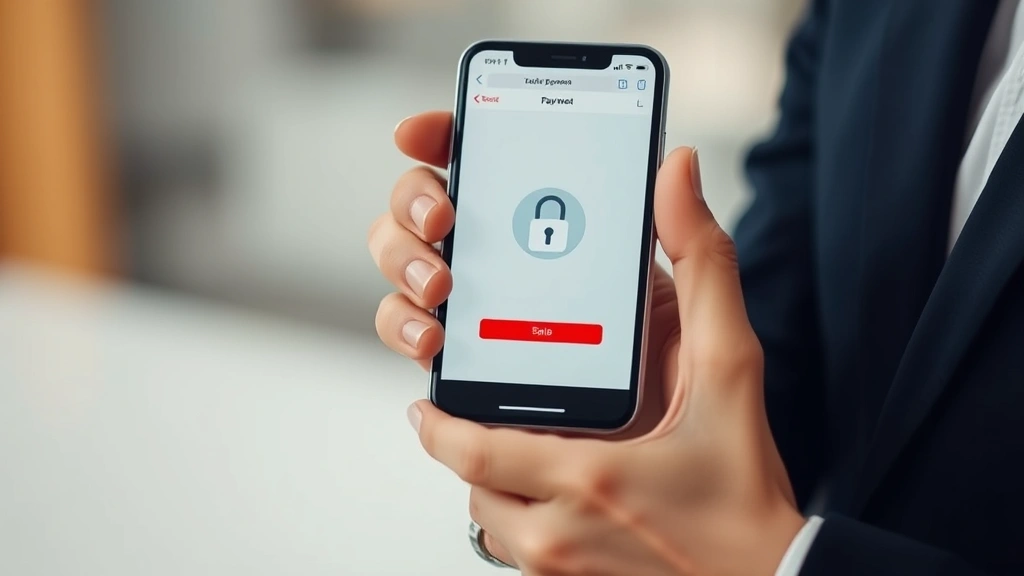Close-up of hands holding smartphone displaying secure payment screen with lock icon visible, blurred background showing calendar and financial documents, professional clean aesthetic
