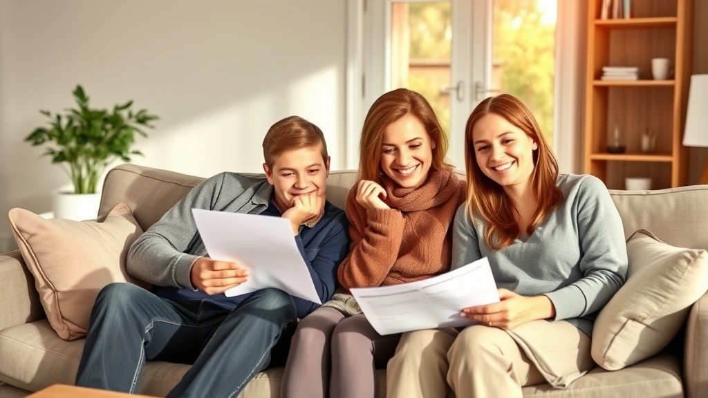 Family of four sitting together on modern couch reviewing health insurance paperwork, warm home environment, morning sunlight, relaxed confident expressions, wellness-focused atmosphere