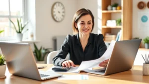 Professional woman reviewing financial documents at modern desk with laptop and calculator, natural lighting, confident expression, contemporary home office setting with wellness elements