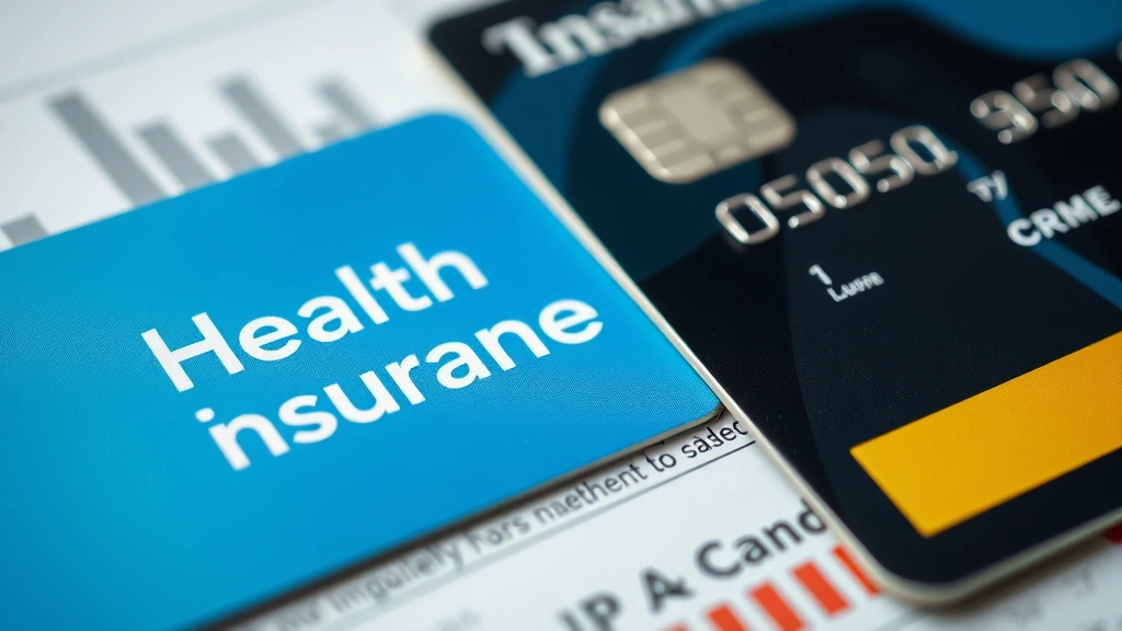 Close-up of health insurance card and credit card side-by-side on financial statement, selective focus, professional photography, minimal depth of field