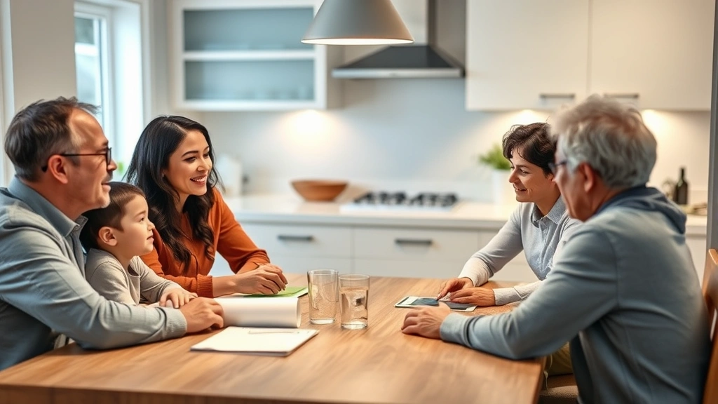 Family at kitchen table discussing healthcare bills and payment plans, warm lighting, diverse multi-generational group, genuine conversation moment, modern kitchen background