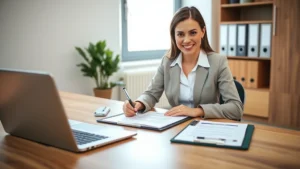 Professional woman in business attire organizing health department compliance documents and folders on a clean wooden desk with laptop, clipboard, and pen. Bright natural lighting, organized workspace, confident expression.