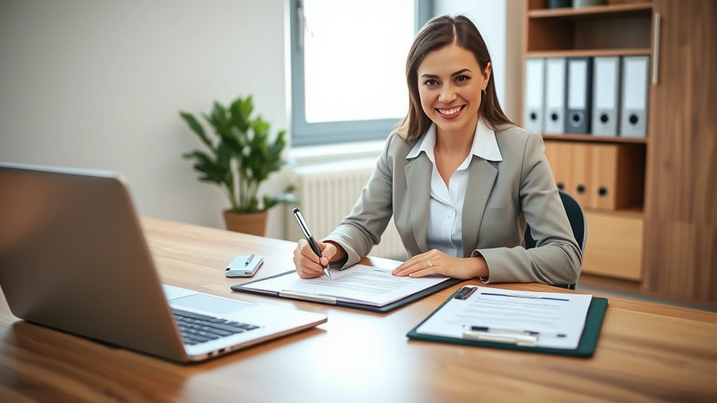 Professional woman in business attire organizing health department compliance documents and folders on a clean wooden desk with laptop, clipboard, and pen. Bright natural lighting, organized workspace, confident expression.
