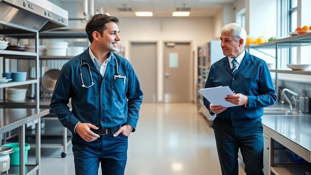 Healthcare facility manager walking with health inspector through a modern, spotless kitchen area. Inspector taking notes, both in professional attire. Clean equipment, organized storage, bright professional environment.