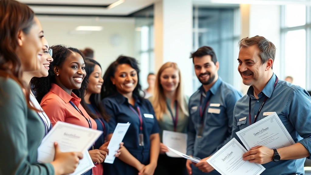 Team of diverse employees in uniforms receiving training certification from instructor. Smiling faces, professional development setting, certificates visible. Modern facility background, collaborative learning atmosphere.