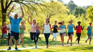 Diverse group of people exercising outdoors in a sunny park, including yoga, running, and stretching activities with natural green background and bright daylight