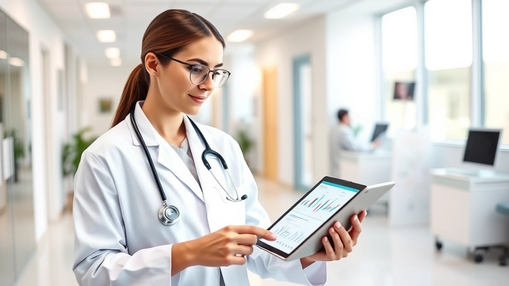 Modern healthcare professional in white coat reviewing digital health charts on tablet with stethoscope around neck in clean medical clinic office environment