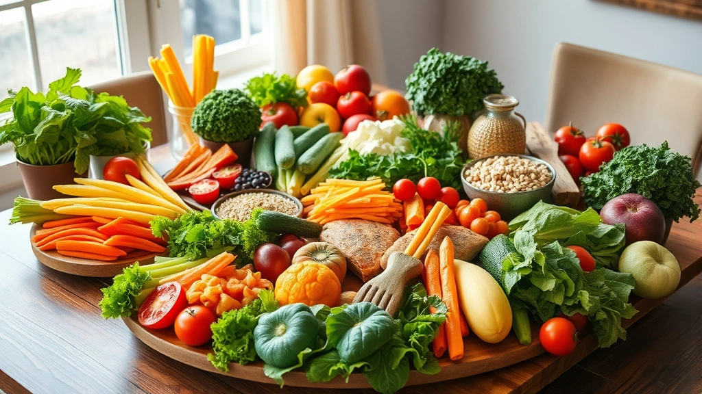 Vibrant healthy meal spread with fresh vegetables, fruits, whole grains, and lean proteins arranged beautifully on wooden table with natural window lighting