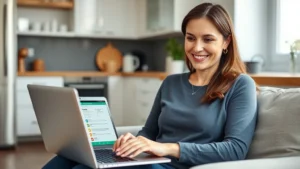 Woman sitting at home with laptop reviewing prescription bottles and health information on screen, natural lighting, modern kitchen background, relaxed confident expression