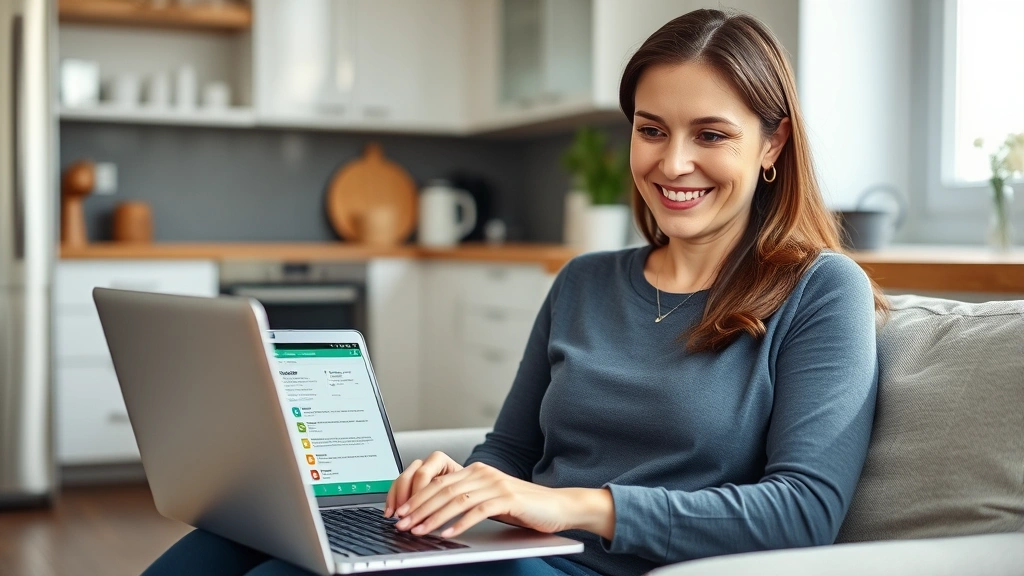 Woman sitting at home with laptop reviewing prescription bottles and health information on screen, natural lighting, modern kitchen background, relaxed confident expression