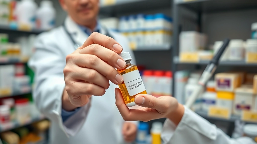 Close-up of hands holding medication bottle with pharmacist in white coat blurred in background, pharmacy shelves with organized medications, professional healthcare setting