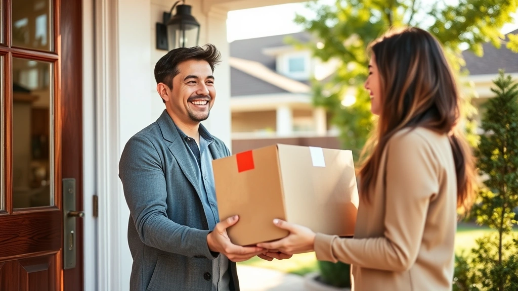 Person receiving cardboard pharmacy delivery package at home doorstep, smiling, sunny day, residential neighborhood, showing safe package condition and timely service