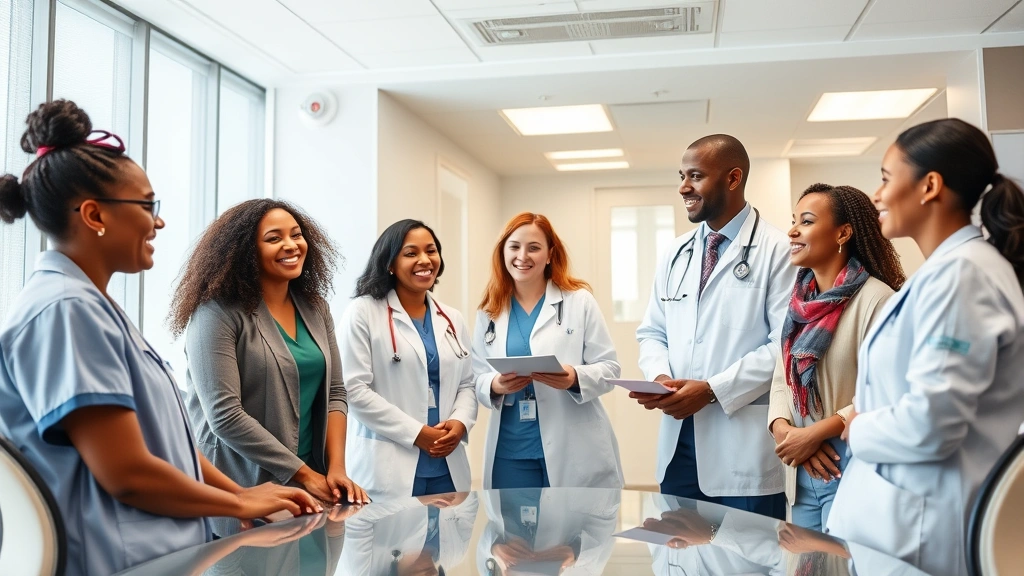 Diverse healthcare professionals collaborating in modern hospital conference room, smiling, discussing equity initiatives, inclusive lighting, professional attire, inclusive representation