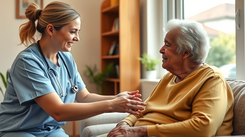 Community health worker providing care to elderly patient in home setting, warm compassionate interaction, multicultural neighborhood visible through window, natural lighting, genuine connection