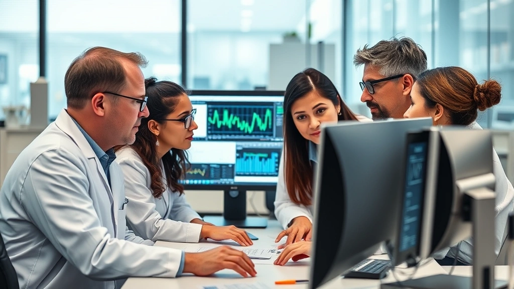 Research team analyzing health data on computer screens, diverse professionals reviewing epidemiological data, modern laboratory setting, focused concentration, inclusive workplace environment