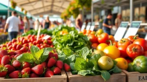 Vibrant farmers market display with fresh organic strawberries, spinach, and heirloom tomatoes in wooden crates, natural sunlight, busy shoppers in background, lifestyle photography