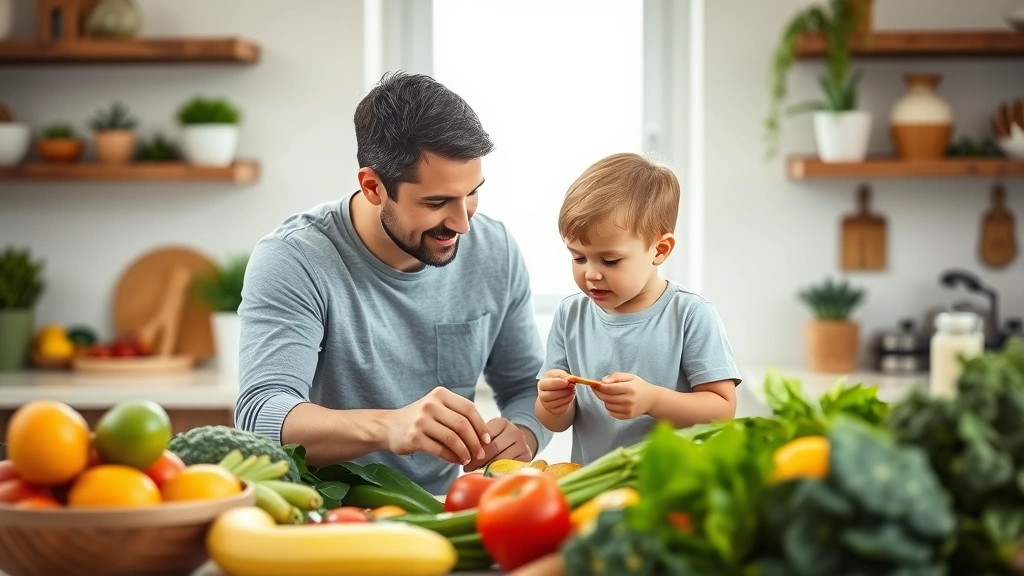 Parent and child examining fresh organic produce at home kitchen counter, bright natural light through window, healthy colorful vegetables and fruits, genuine family moment