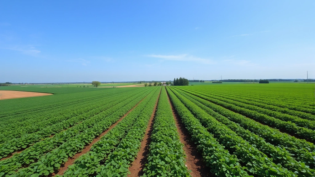 Aerial view of organic farm with green crop rows, sustainable farming practices visible, blue sky, peaceful rural landscape, environmental consciousness emphasized