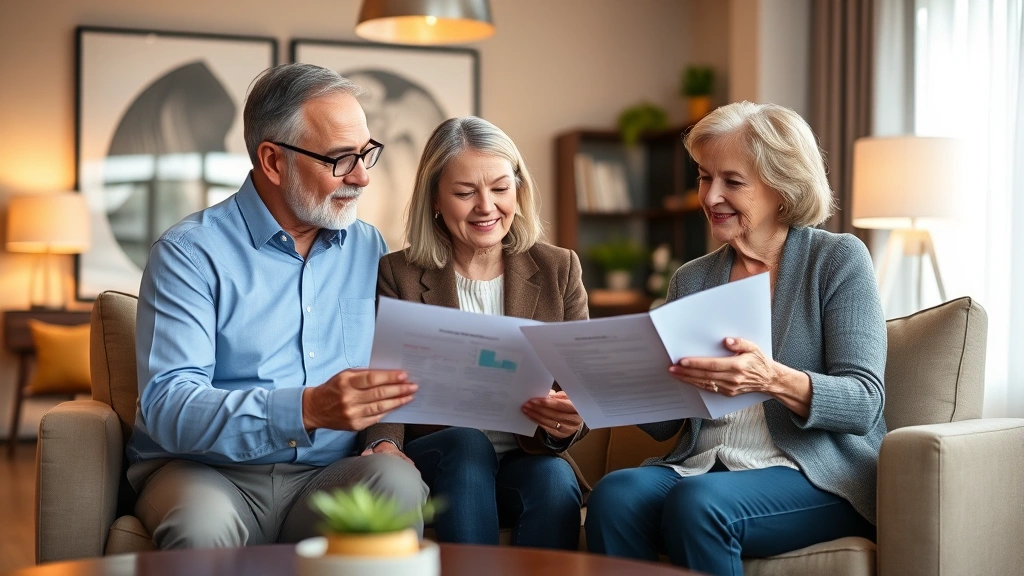 Middle-aged couple meeting with financial advisor in contemporary office, reviewing healthcare savings plan documents, warm lighting, diverse representation, professional attire, transparent discussion