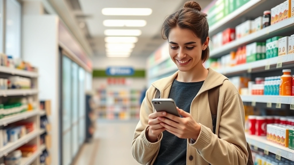 Young professional holding health savings card while shopping at pharmacy, bright modern drugstore setting, checking prescription prices on smartphone, engaged expression, wellness-focused environment