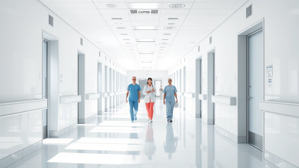Modern hospital corridor with bright natural lighting, clean white walls, contemporary design, medical staff in scrubs walking purposefully, welcoming and professional atmosphere, daytime setting, photorealistic