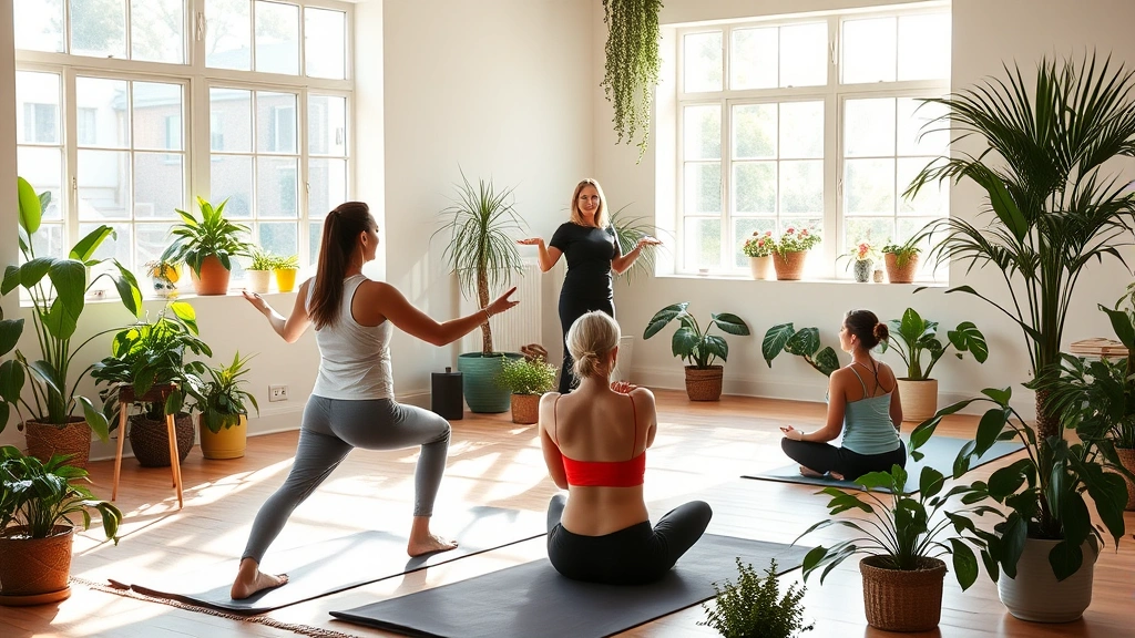 Diverse wellness coach in bright studio with natural light, clients doing yoga on mats, plants surrounding, peaceful energetic atmosphere, morning sunlight streaming through windows