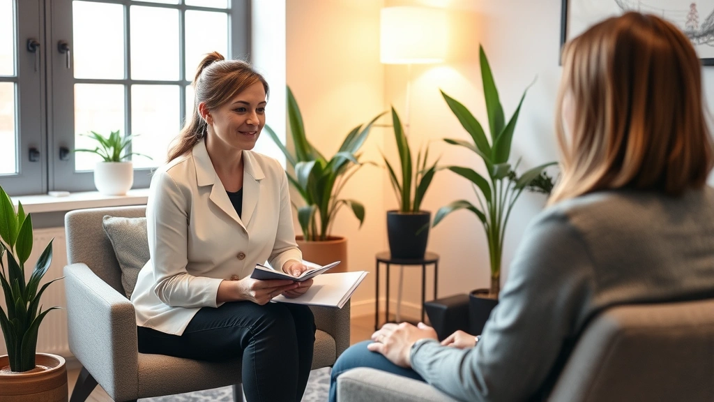 Female therapist in modern office space taking notes during client session, warm lighting, comfortable seating, plant decor, professional yet welcoming environment, genuine connection visible