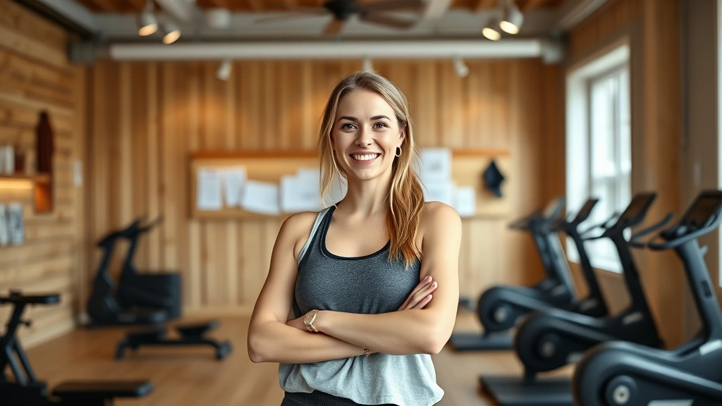 Entrepreneur woman standing confidently in her boutique fitness studio, surrounded by equipment and community bulletin boards, natural wood aesthetic, modern minimalist design, proud smile